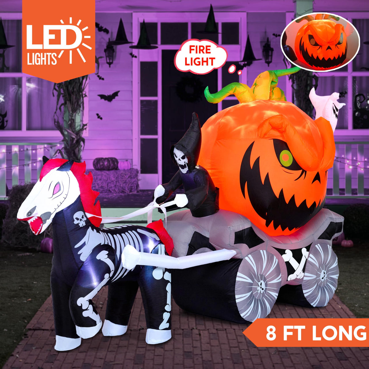 Joyfy 8ft Long Halloween Inflatables Outdoor Decorations,Spooky Pumpkin Carriage with Built-in LEDs,Blow Up Halloween Decoration for Yard