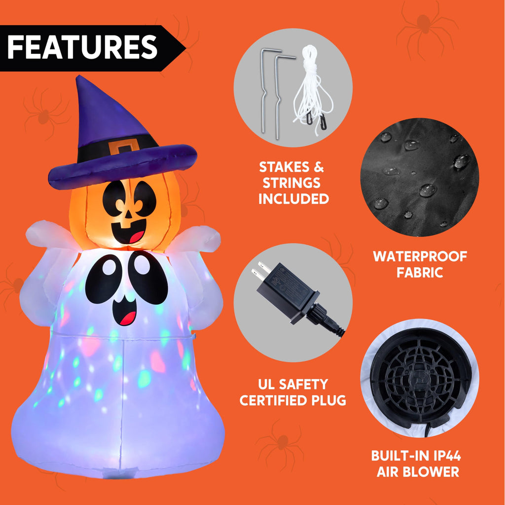 Joyfy 5Ft Halloween Inflatable Pumpkin Ghost with Colorful LED Lights,Halloween Blow Up Cute Decor for Indoor Outdoor Holiday Yard Decoration