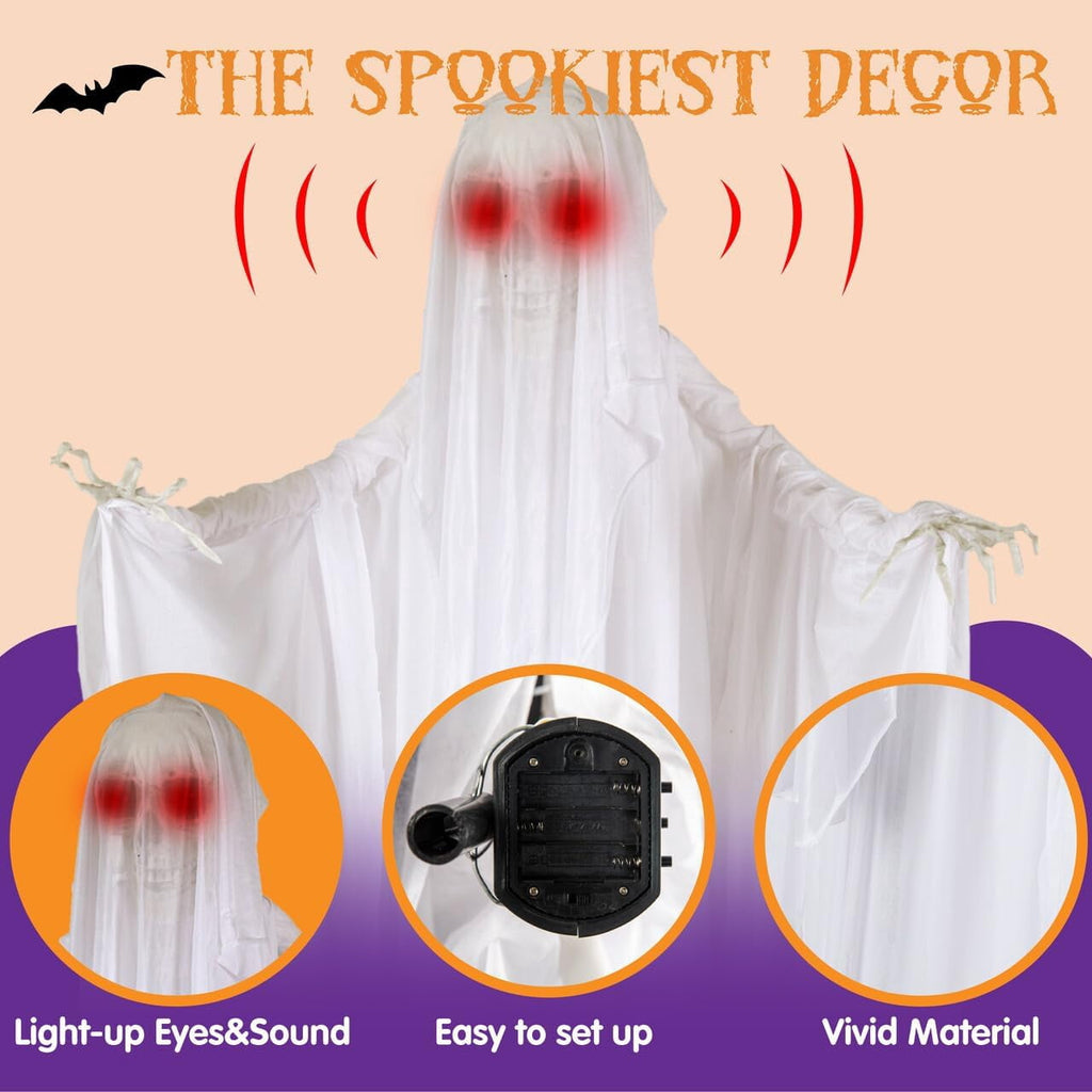 Joyfy 67" Standing Grim Reaper with Chain, Large Halloween Decorations Outdoor, Life Size Animatronics Skelton, Sound-Actived Party Decor with Creepy Sound & LED Eyes, Scary Haunted House Props