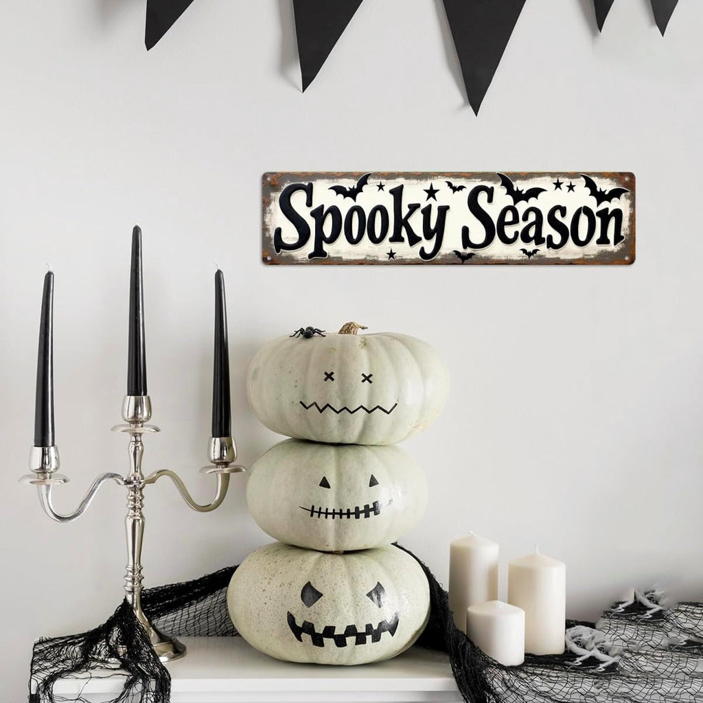 Spooky Season Metal Tin Sign Vintage Halloween Wall Decor 4x16 Inch Farmhouse Style Decorative Plaque for Living Room Entryway and Party