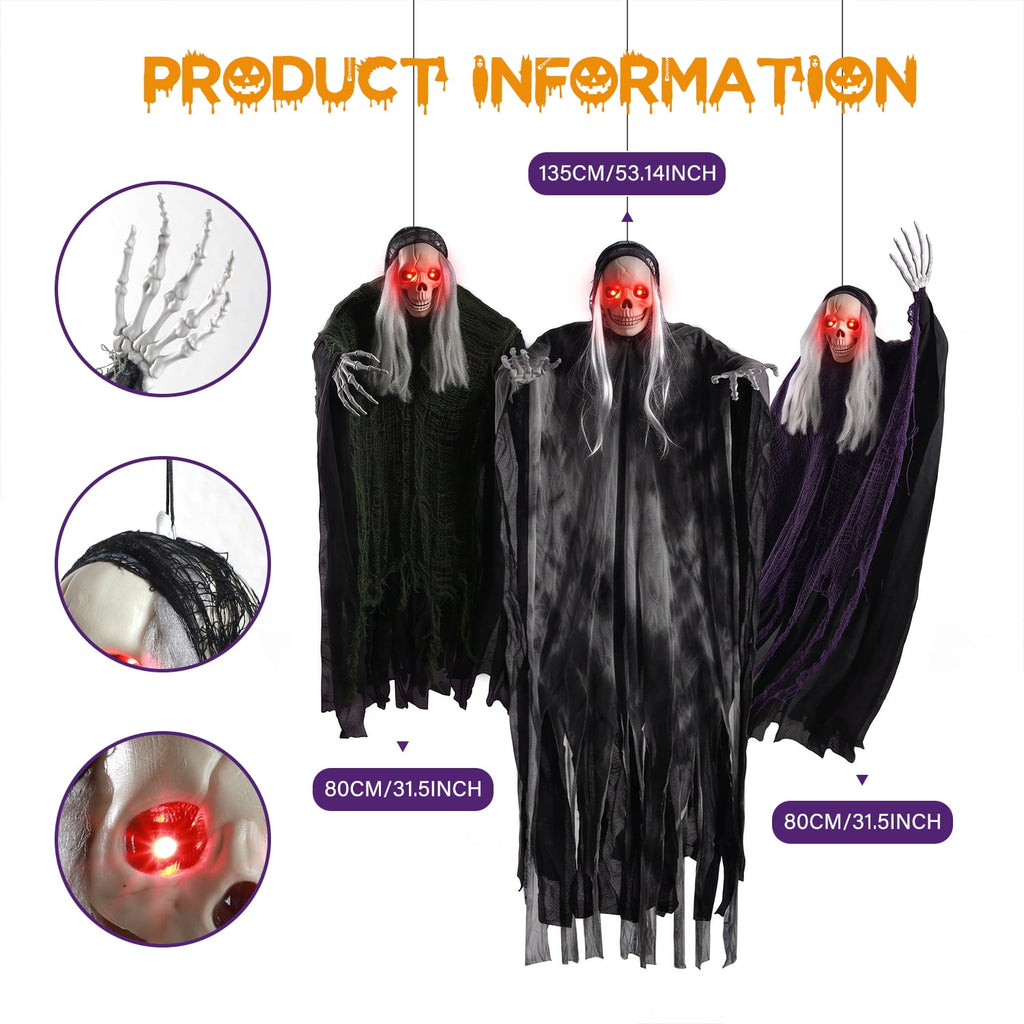 Ayieyill 3 Pack Hanging Skeleton Ghosts for Halloween Decorations Outdoor, Grim Reaper for Halloween Decor