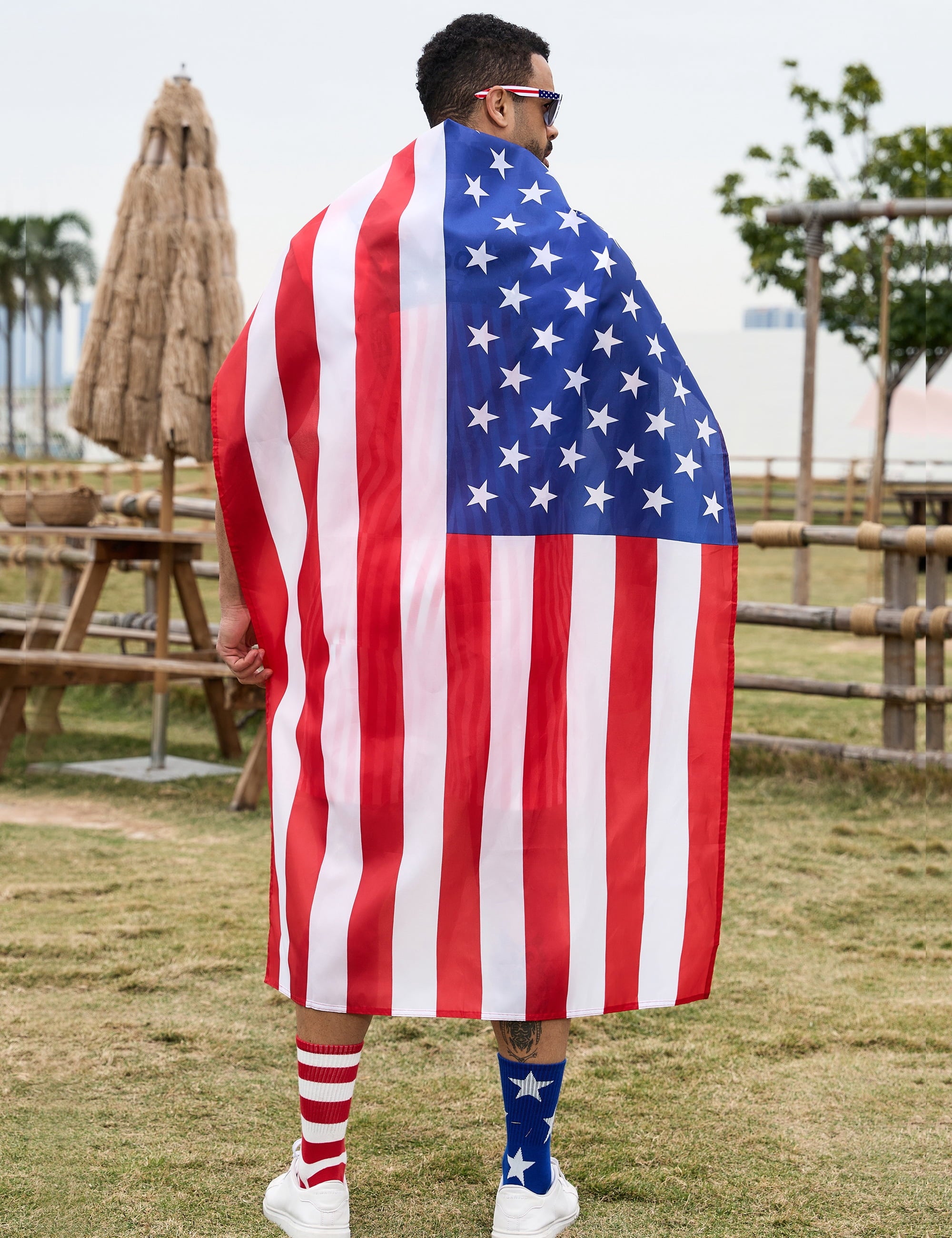 250th Anniversary American Flag Overalls Men,4th of July Cape,USA Sunglasses,Patriotic Socks,4 Pcs for Independence Labor Day(Red White and Blue,L)