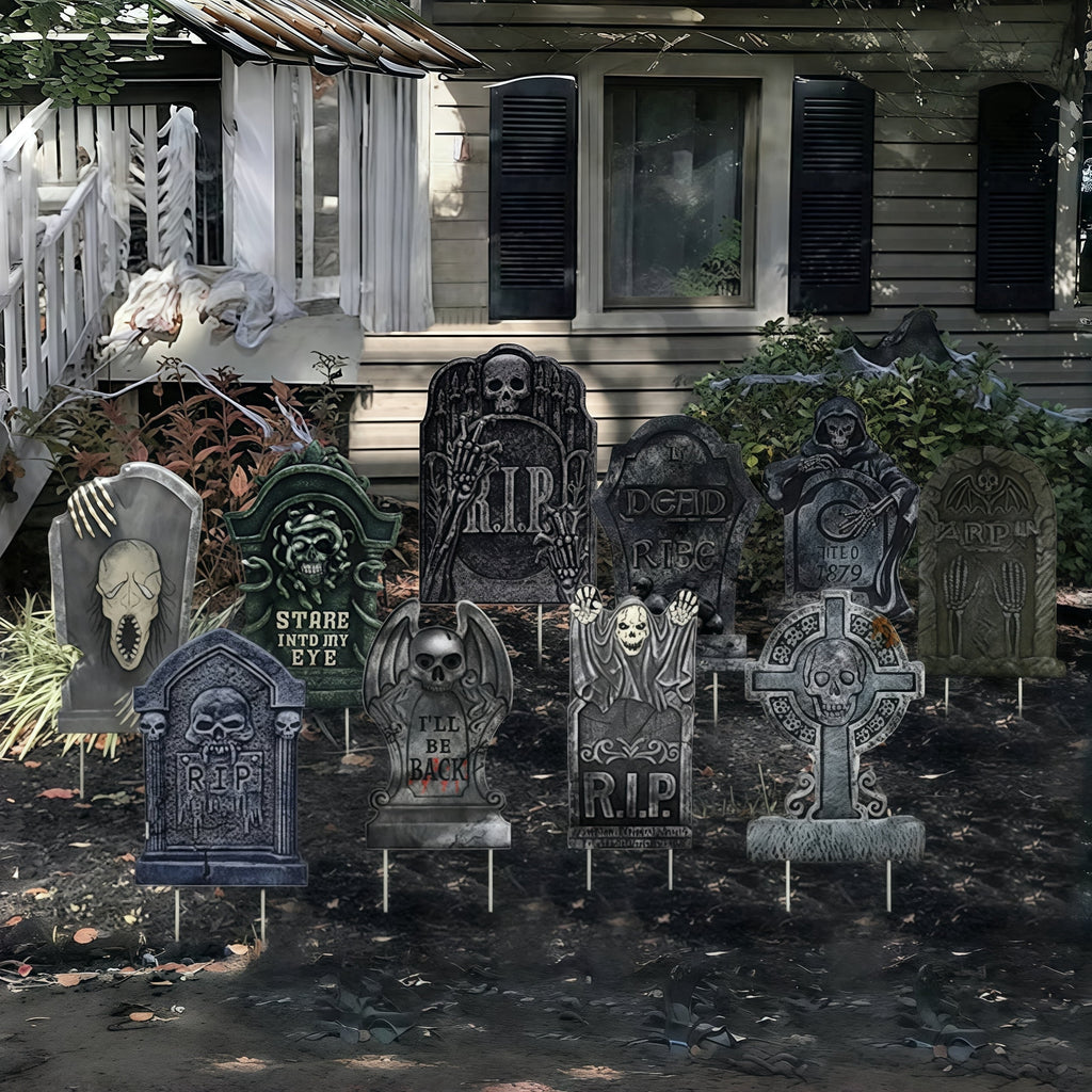 DUNCHATY 10-Pack Halloween Tombstone Decor Set - Graveyard Scene with Plastic Stakes, Weatherproof Haunted House Yard Display for Pathways & Lawns
