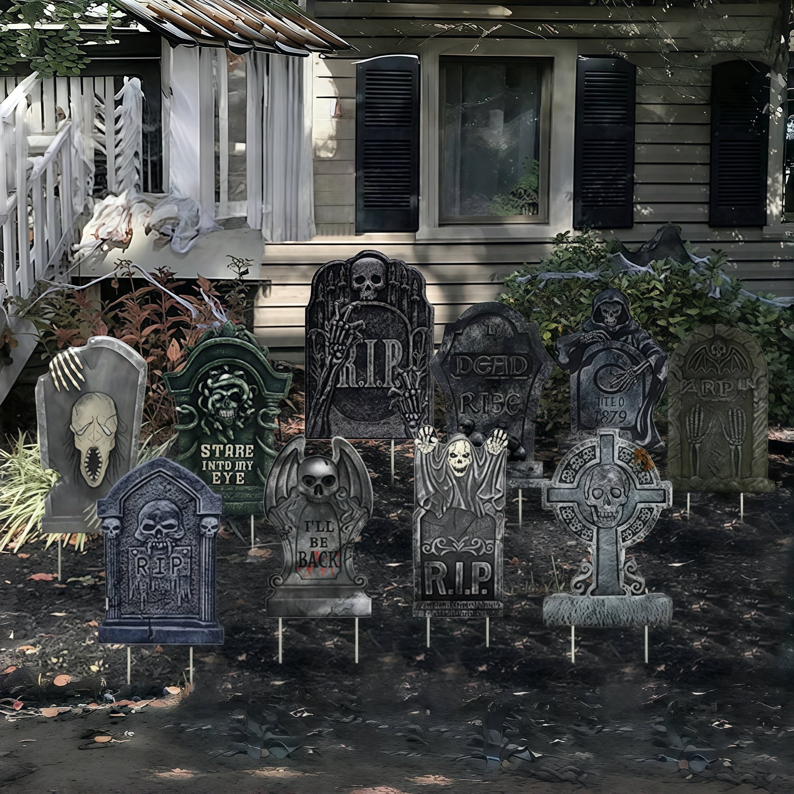 DUNCHATY 10-Pack Halloween Tombstone Decor Set - Graveyard Scene with Plastic Stakes, Weatherproof Haunted House Yard Display for Pathways & Lawns