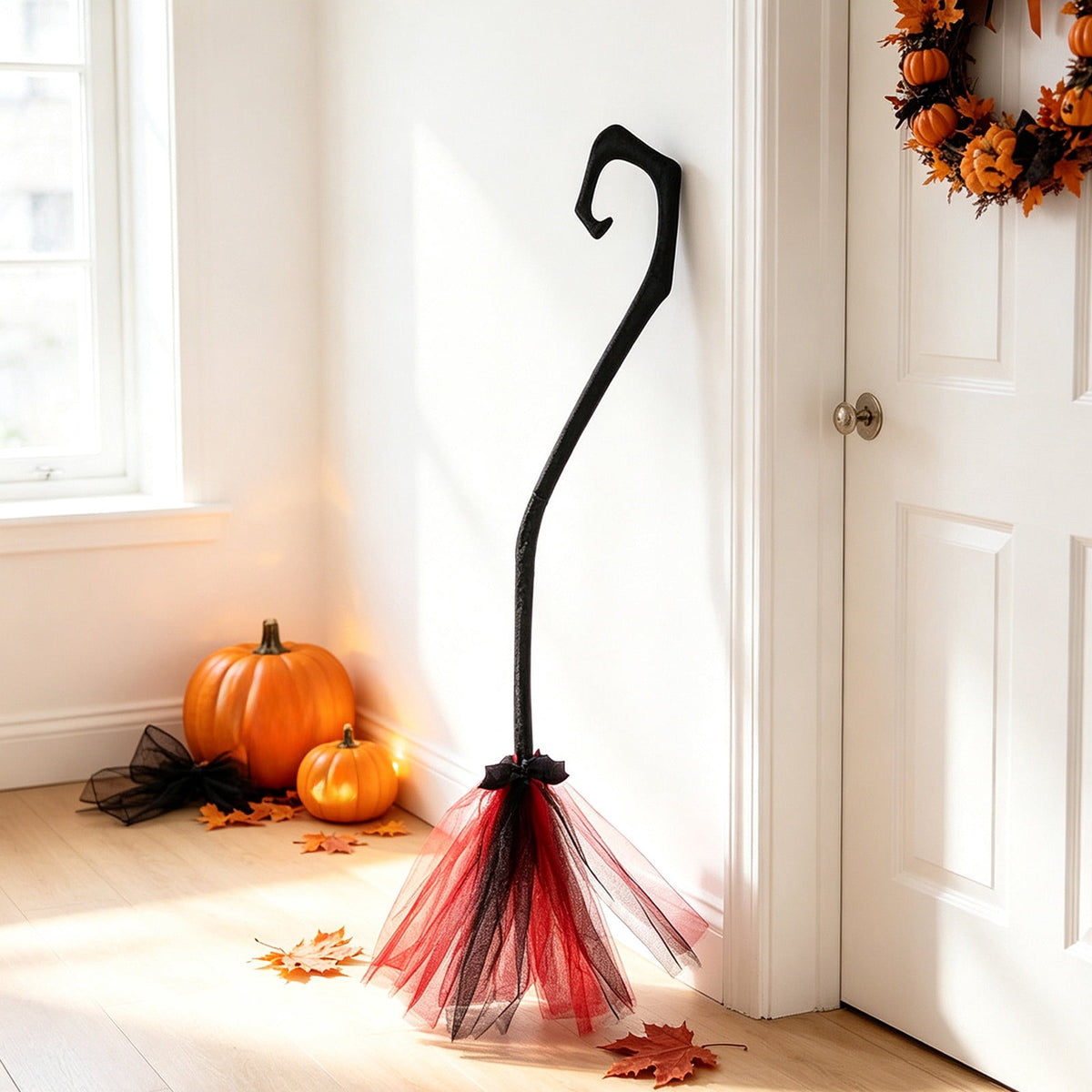 Halloween Witch Broom Cane with Ribbons, 38.2" Witches Broomstick for Wizard Costume Party, Photo Booth Accessory Stage Prop, Halloween Decoration, D
