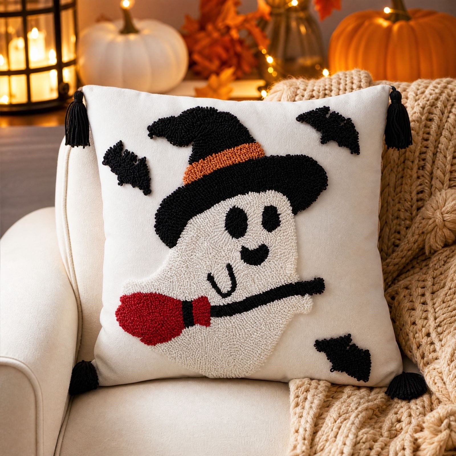 Halloween Ghost Reading Book Throw Pillow Cover, Spooky Library Bookshelf Skull Candlestick Decorative Pillowcase, Retro Halloween Cushion Cover