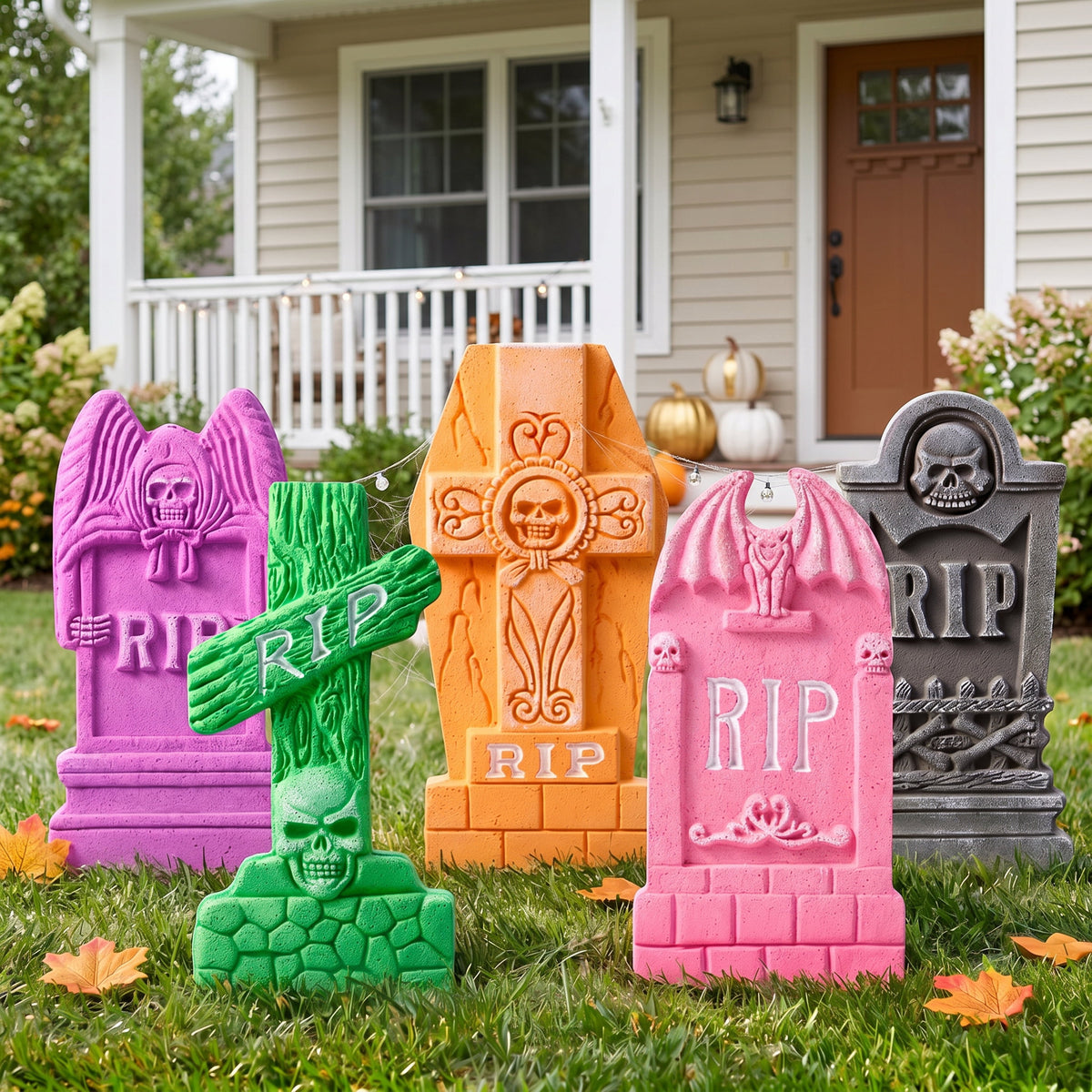 Joyfy 17" Halloween 5 Pack Tombstone Decorations, Foam RIP Graveyard Signs Cemetery Headstones Scary Outdoor Indoor Halloween Decor with 12 Metal Stakes for Easy Set Up, Waterproof for Garden Lawn