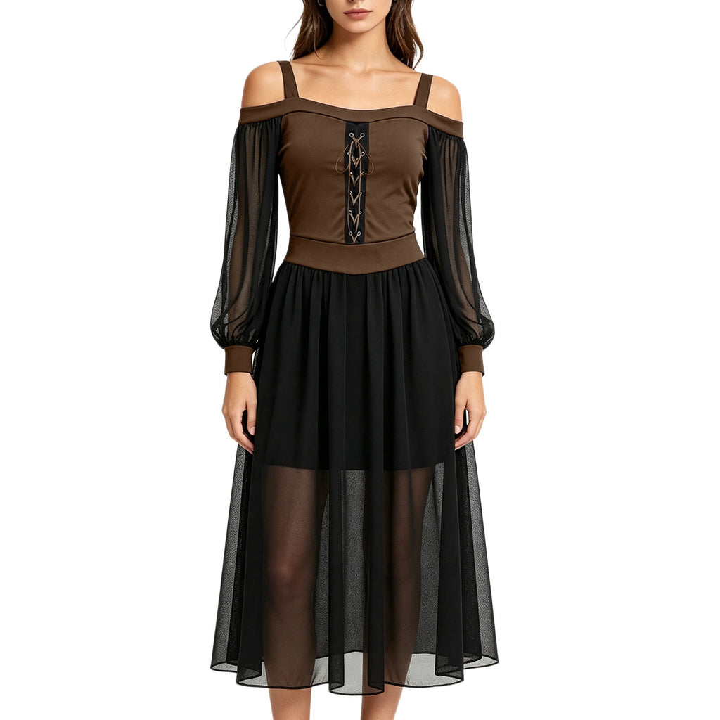 JOANKDMI Women's Gothic Midi Dress Elegant Vampire Costume Cold Shoulder Sheer Long Sleeve Lace-up Corset for Roleplay Halloween Party Outfit Chic, S-3XL