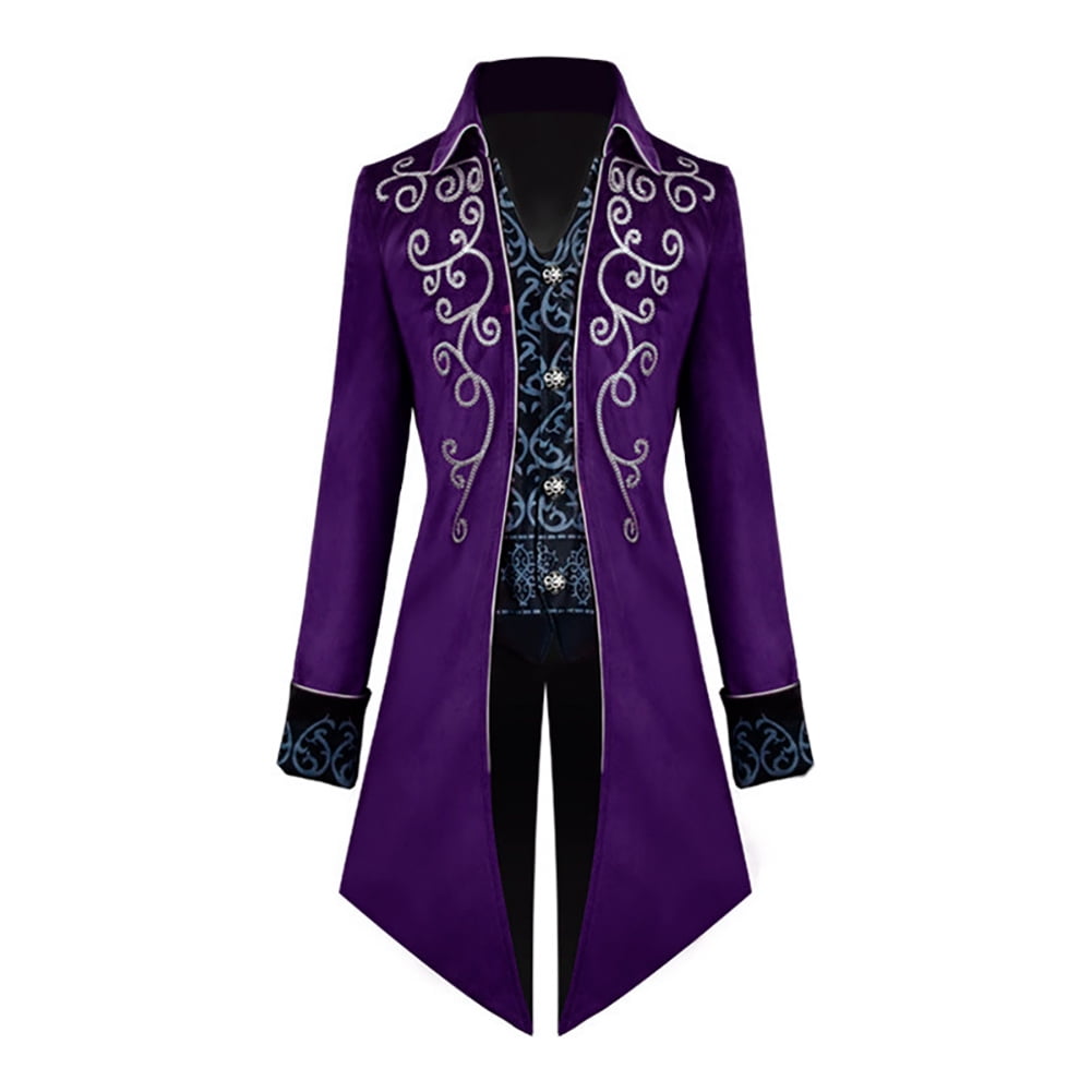 IBTOM CASTLE Men's Steampunk Vintage Tailcoat Jacket Gothic Medieval Victorian Frock Button Down Swallow Coat Uniform L Blue & Gold