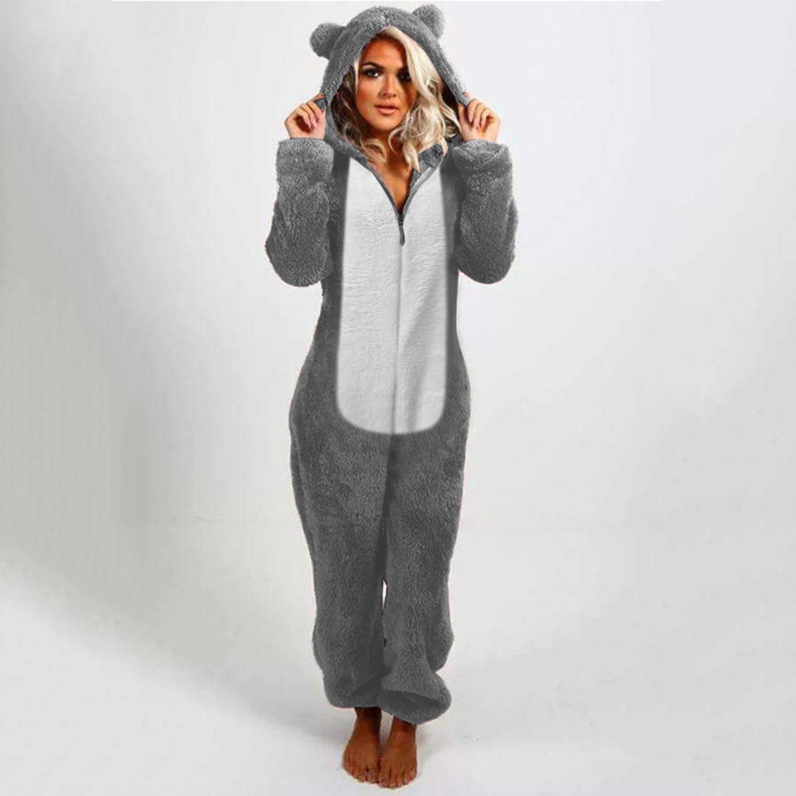 QATAINLAV Sherpa Fleece Jumpsuit for Women Winter Warm Fuzzy Onesie Pajamas Cute Cat Hooded Romper Casual Zip Up Overalls Sleepwear Black XL