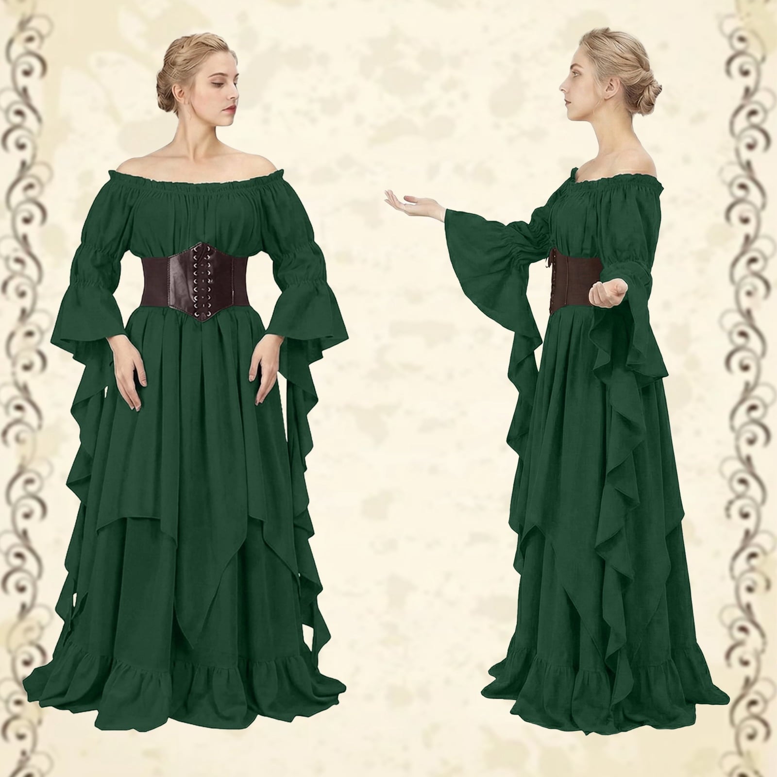 IROOZIGOTO Womens White Medieval Renaissance Maxi Dress Off Shoulder Long Flare Sleeve with Brown Lace Up Corset Belt Halloween Cosplay Costume