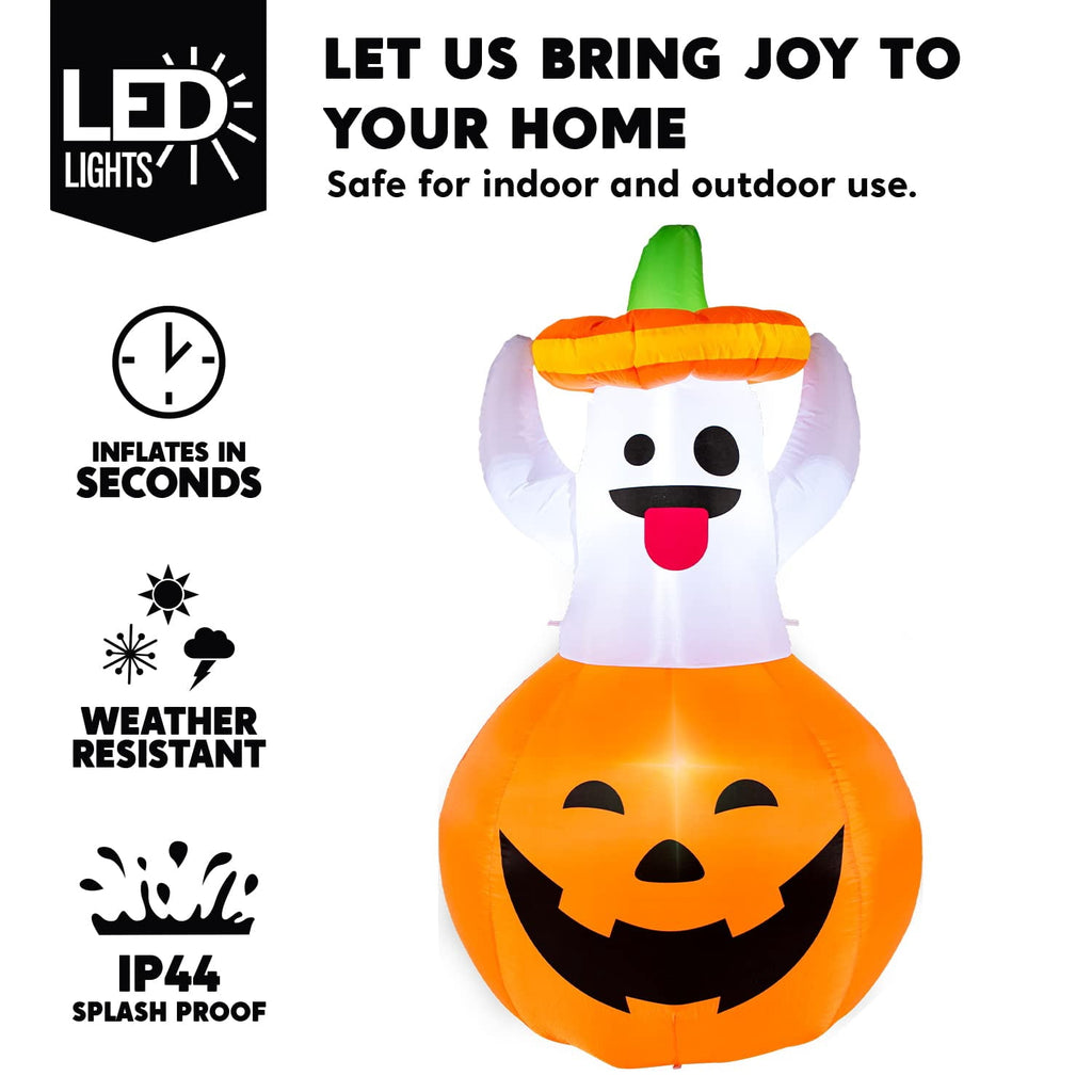 Joyfy 5ft Halloween Inflatables Light up Cute Ghost,Blow Up Ghost Lift Pumpkin Candy Bag with Build-in LEDs for Yard Decorations