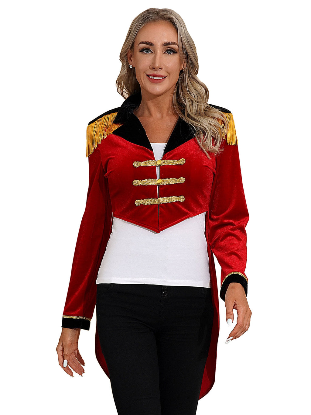 Haitryli Women's Circus Ringmaster Costume Tailcoat Jacket Lapel Velvet Collar Vintage Long Sleeve Navy Blue S