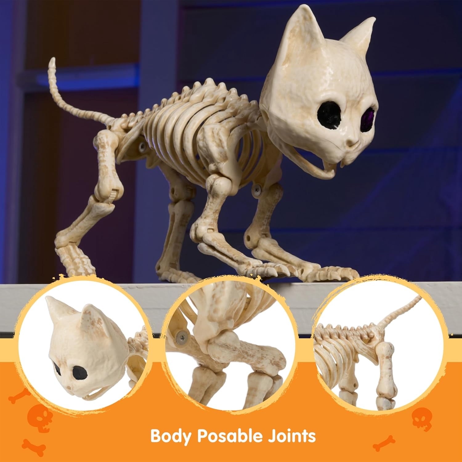 Joyfy 2 Pcs Cat Skeleton Halloween Decoration,7 Inch Posable Plastic Animals Halloween Skeleton for Indoor Outdoor Halloween Decorations,Haunted House Party Props