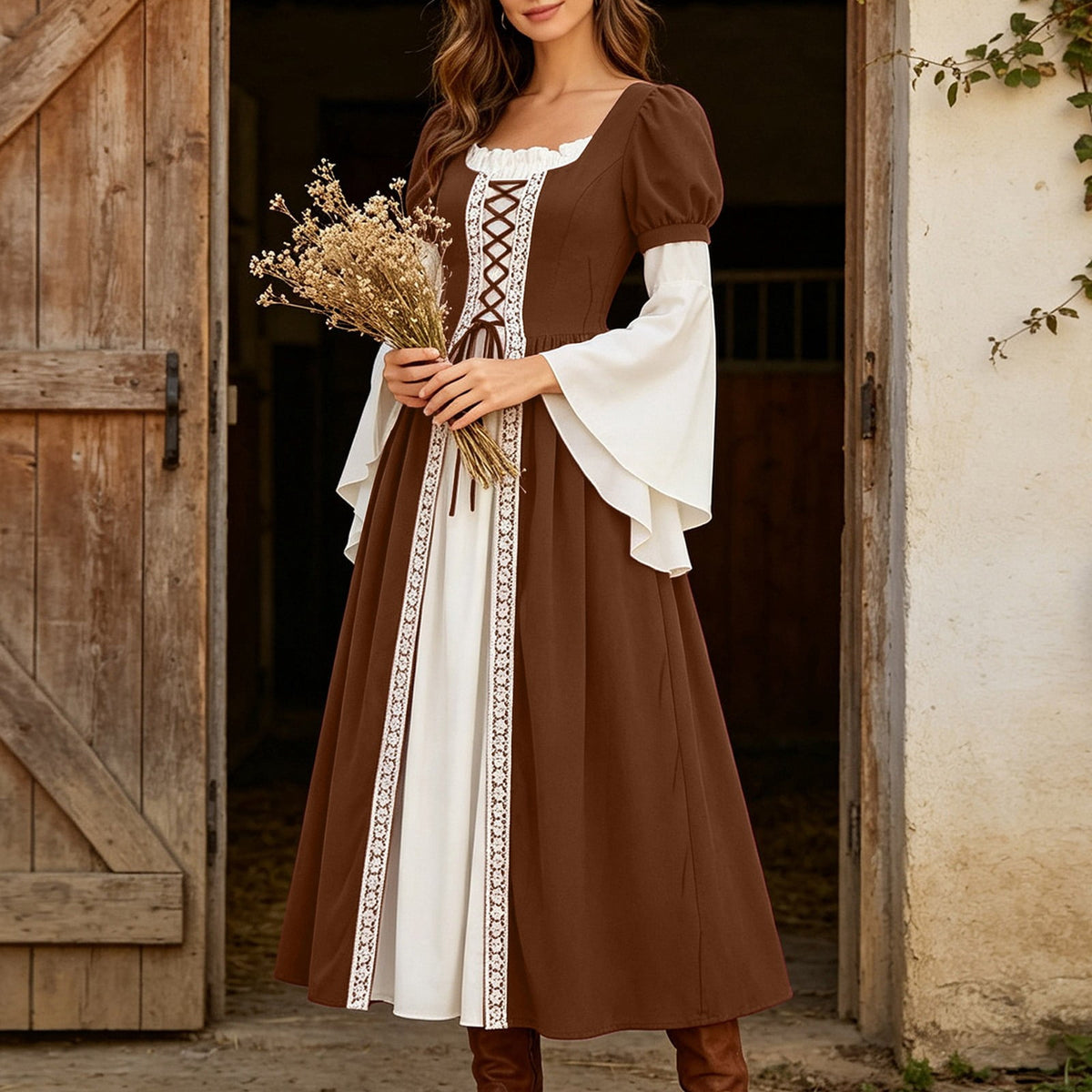 Hurxie Renaissance Costume Women Peasant Medieval Dress Maxi Fairy Dresses with Bell Sleeve Vintage Ren Faire Outfit