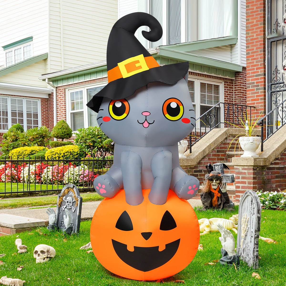 GOOSH Halloween Inflatable 6 FT Inflatable Halloween Cat Sitting on Pumpkin, Halloween Inflatable Cat Pumpkin with LED Lights, Funny Outdoor Halloween Decorations for Halloween/Holiday/Party