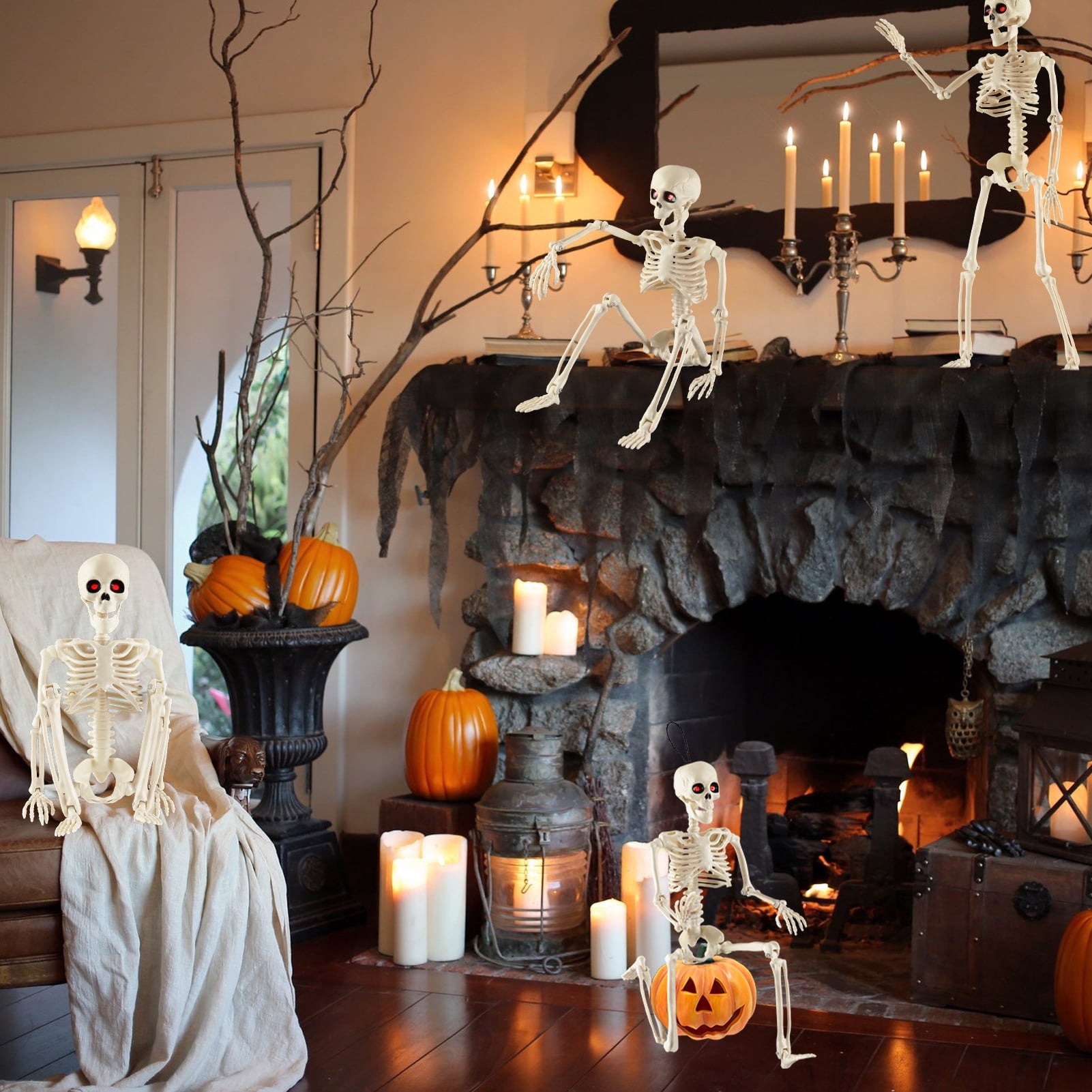 Yalumo Skeleton Halloween Decorations, 4 Pack 16” Full Body Posable Skeleton with Movable Joints, Small Plastic Skeleton Props for Haunted Houses, Graveyards, Yards, Spooky Party Indoor Outdoor Decor