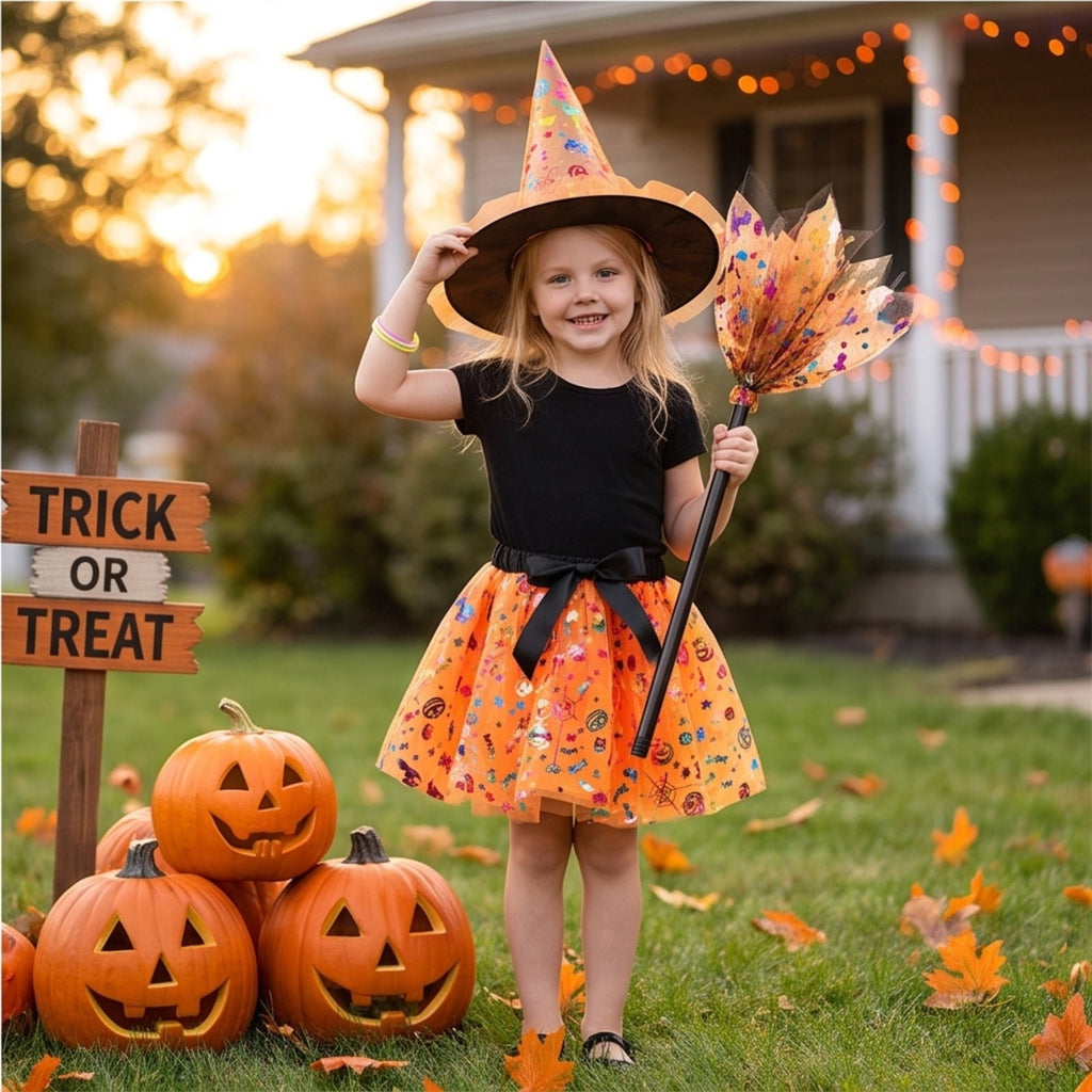 choiix Witch Tutu Skirt and Hat Set with Broomstick Halloween Costume Outfit with Printed Tulle Skirt and Witch Hat Cosplay Outfit for Party 100