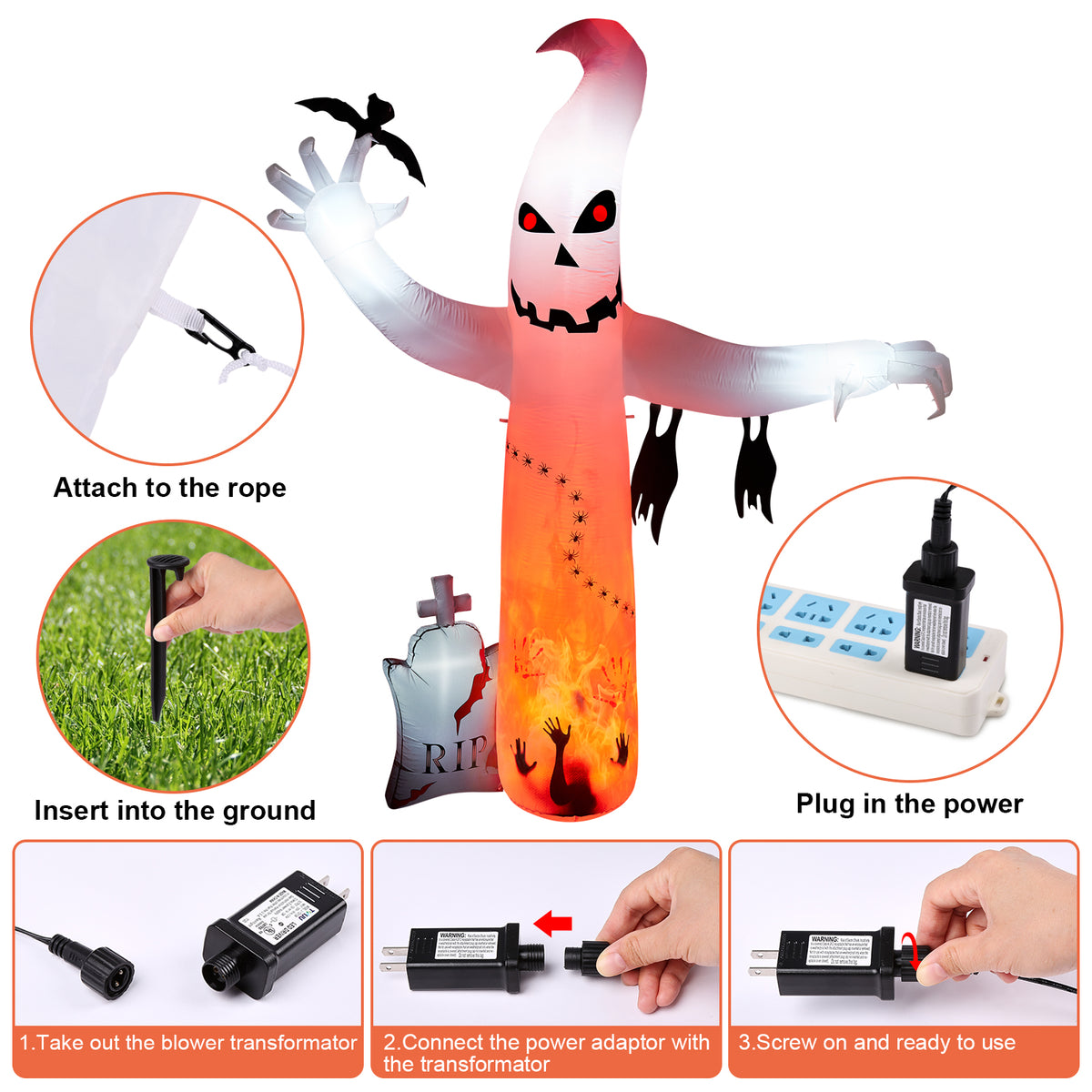 5.7FT Inflatable Halloween Inflatable Crawling Green Ghost with Tombstone Built-in LED Lights Inflatable LED Lights Blow Up Yard Decoration