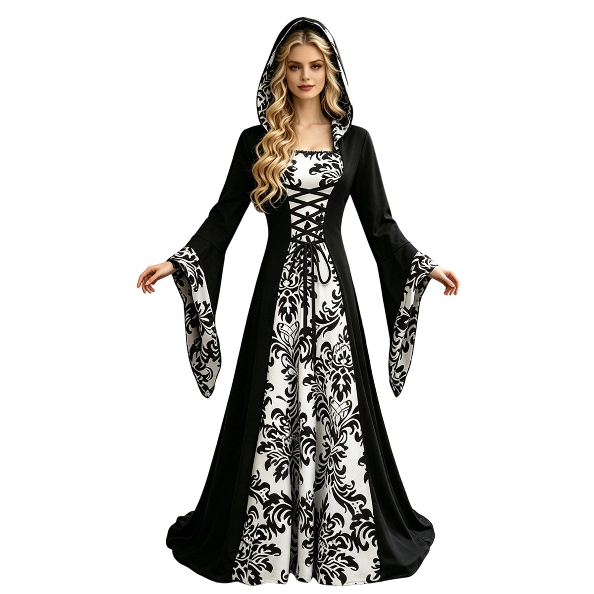 ZGRBOU Womens Vampire Witch Dress Halloween Cosplay Costumes Masquerade Hooded Gown Dress Medieval Gothic Dress Plus Size
