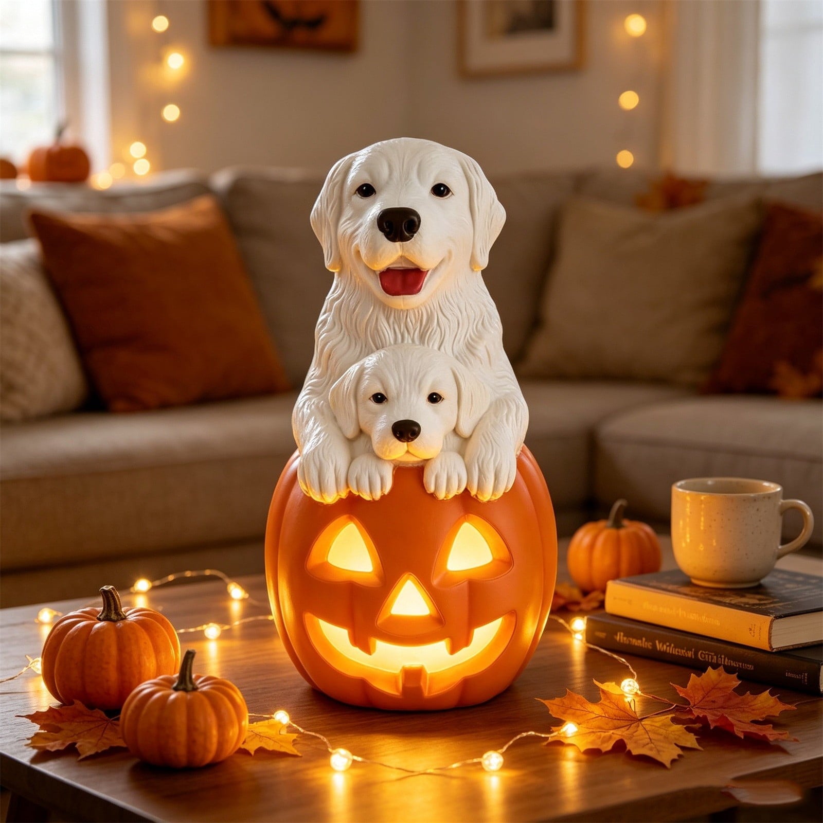 Lighted Scarecrow Bull Terrier Halloween Blow Mold, Cute Puppy Pumpkin Hat Halloween Decor, Resin Ornament for Patio Yard Tabletop Home Decoration, 8"