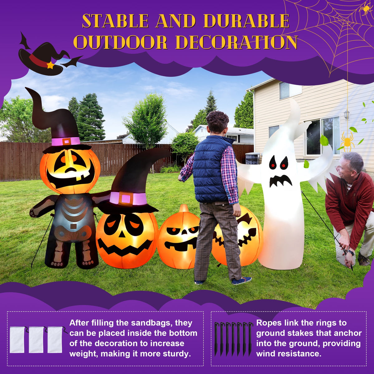 Yexmas Halloween Inflatables, 7 FT Long 4 Pumpkins with Cute White Ghost Outdoor Decorations, Built-in LEDs, Blow Up Party, Waterproof Yard, Garden, Lawn Decor