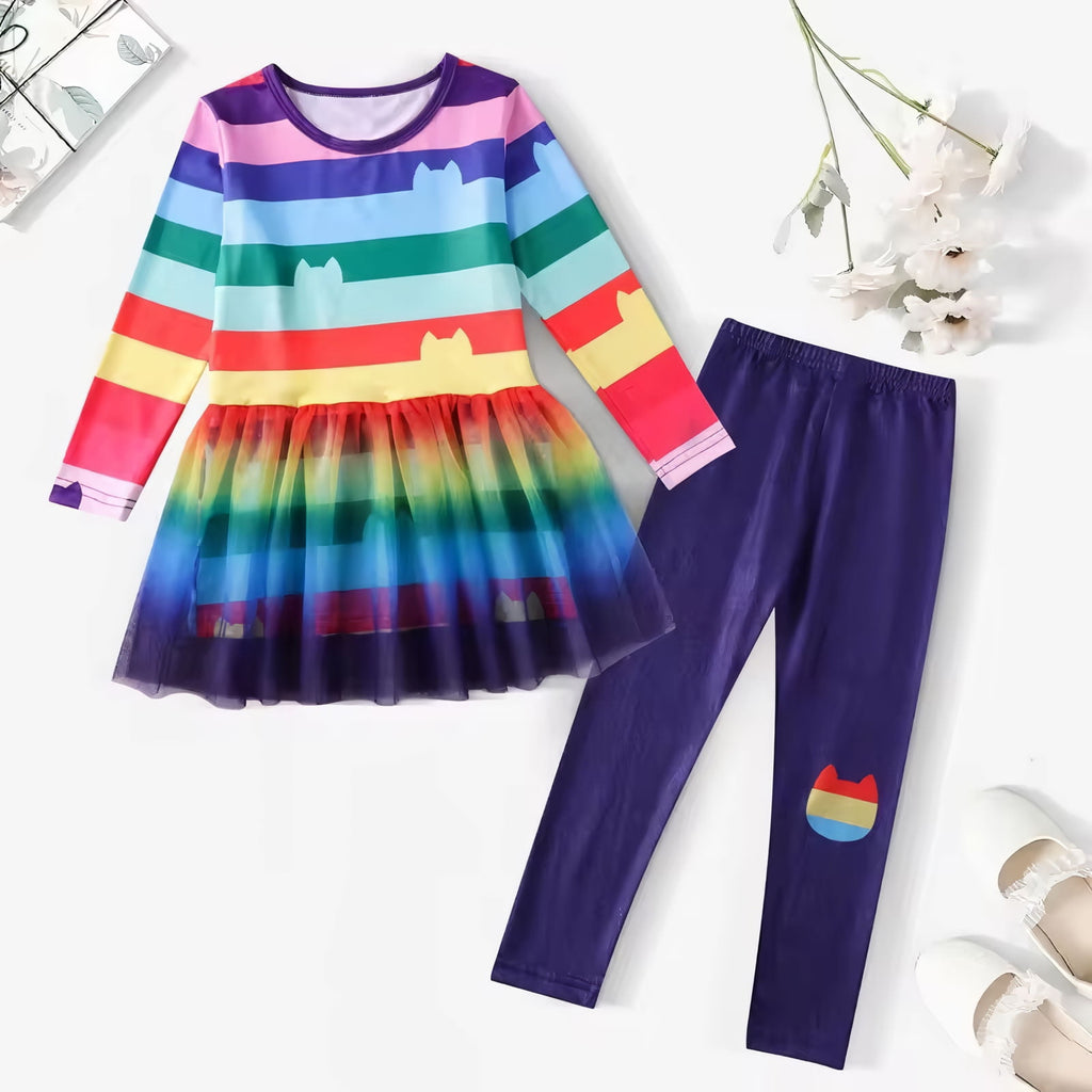 2PC Rainbow Dress Pant Set w/Headband for Girls Halloween Cat Birthday Tutu Outfit