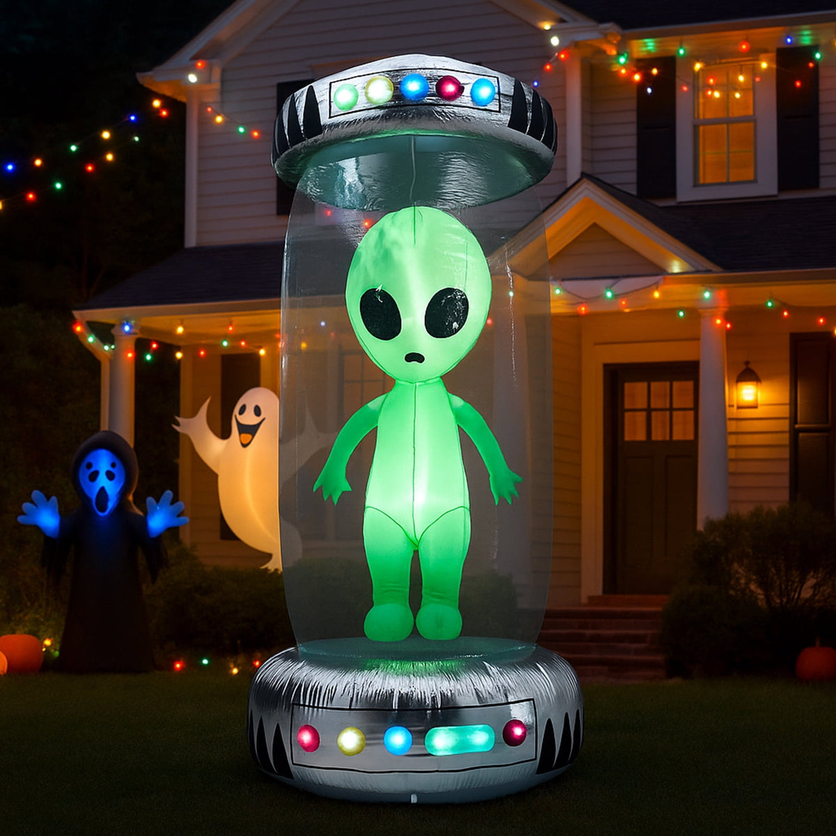 UBesGoo 8' Halloween Inflatables UFO Alien Decoration Outdoor Light-up Holiday Decoration Halloween Decoration