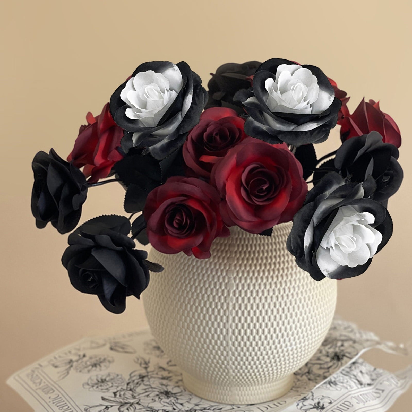 AZXY Halloween Decor, Halloween Indoor Decor, Halloween Tabletop, Artificial White Silk Rose Stems, Gothic Fake Floral Bouquet, Halloween Decorations for Home Table Party Decor