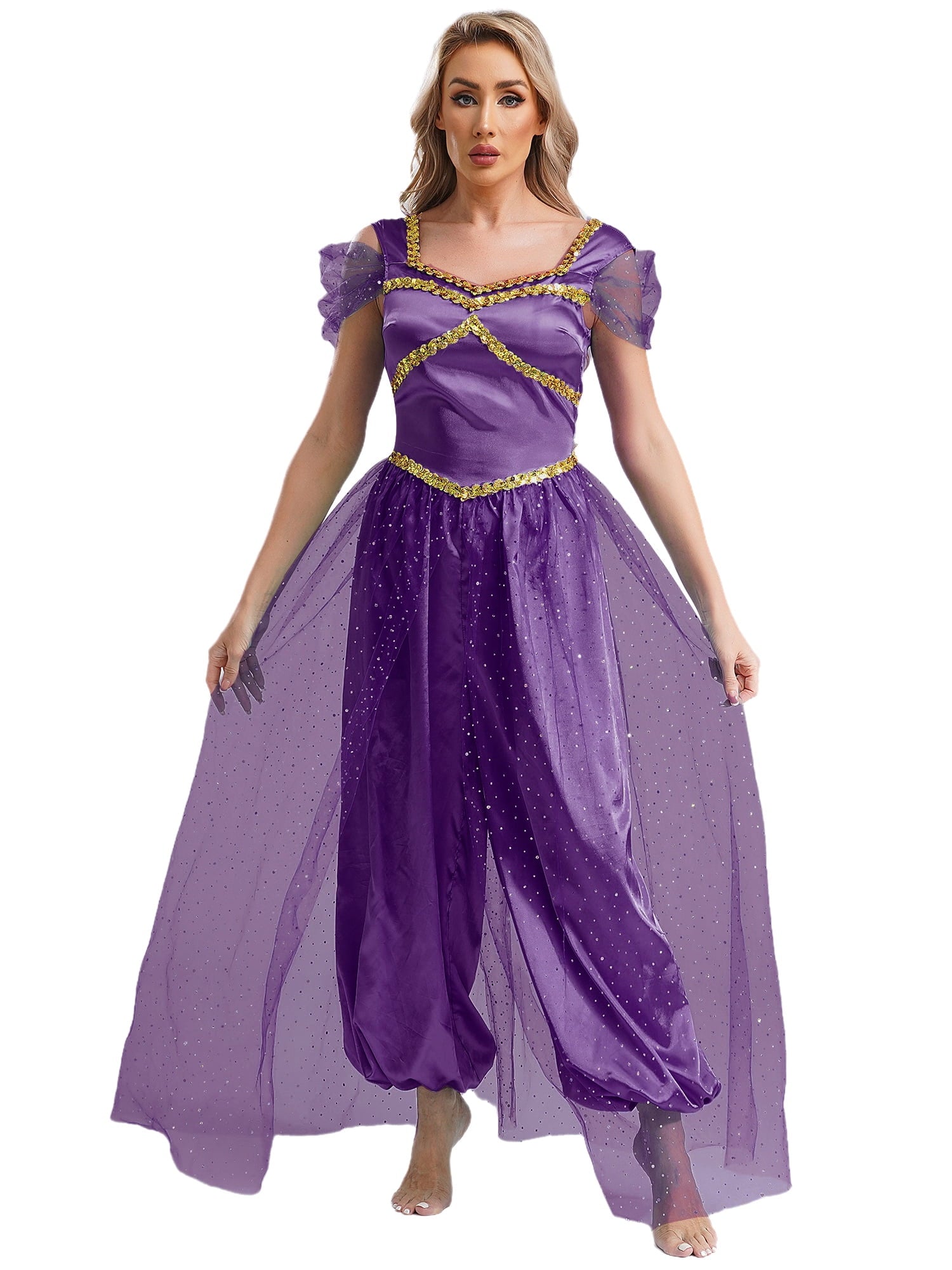 Aislor Women Halloween Arabian Princess Cosplay Costume Sequins Belly Dance Romper Jumpsuit Fancy Dress Lake Blue L