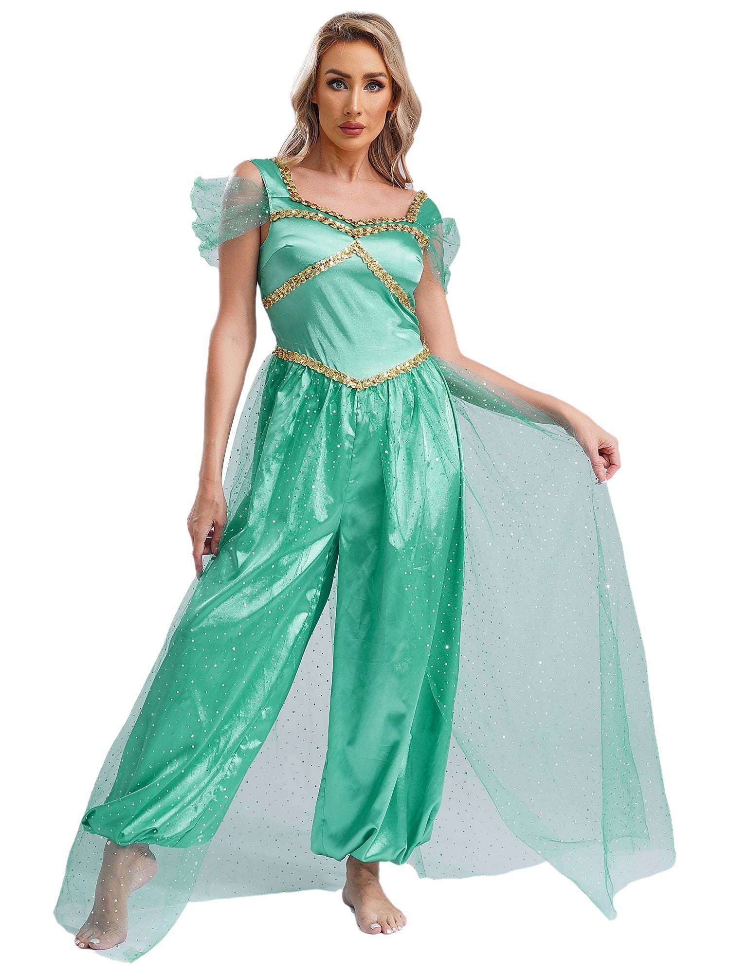 Aislor Women Halloween Arabian Princess Cosplay Costume Sequins Belly Dance Romper Jumpsuit Fancy Dress Lake Blue L