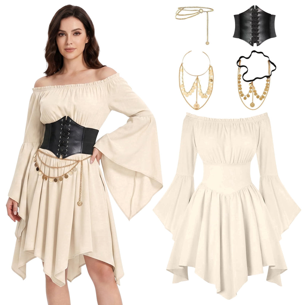 Alaiyaky Renaissance Costume Women Pirate Costume Adult Renaissance Medieval Outfit Off Shoulder Bell Sleeve Fairy Dress for Halloween Cosplay and Themed Parties