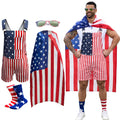 250th Anniversary American Flag Overalls Men,4th of July Cape,USA Sunglasses,Patriotic Socks,4 Pcs for Independence Labor Day(Red White and Blue,L)