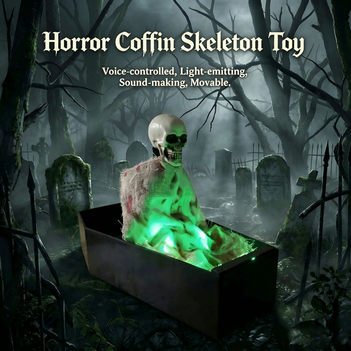 Animated Skeleton Coffin Decoration, Voice Activated Rising Skull Prop With Green Light Spooky Sound Effect, Halloween Party Prank Decor for Home Yard Event