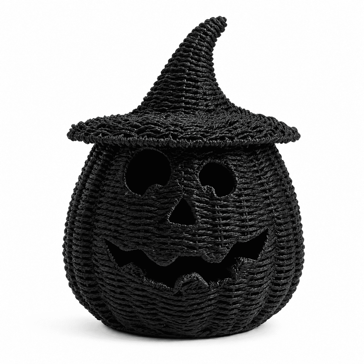 Aximioll Black Wicker Jack-O-Lantern Pumpkin 11.8In, Woven Rattan Halloween Pumpkin with Witch Hat, Cutout Face Tabletop Decor for Porch Entryway Mantel, Black