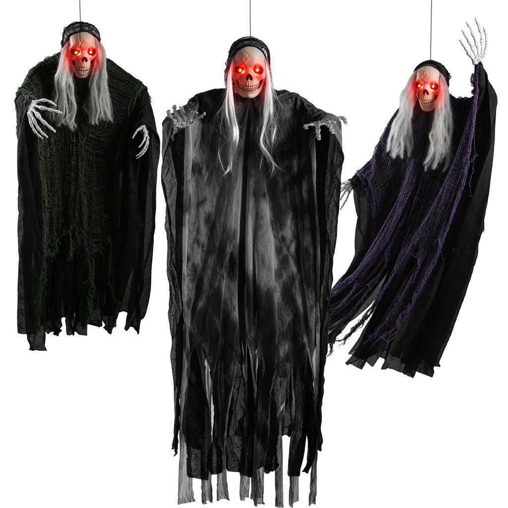 Ayieyill 3 Pack Hanging Skeleton Ghosts for Halloween Decorations Outdoor, Grim Reaper for Halloween Decor