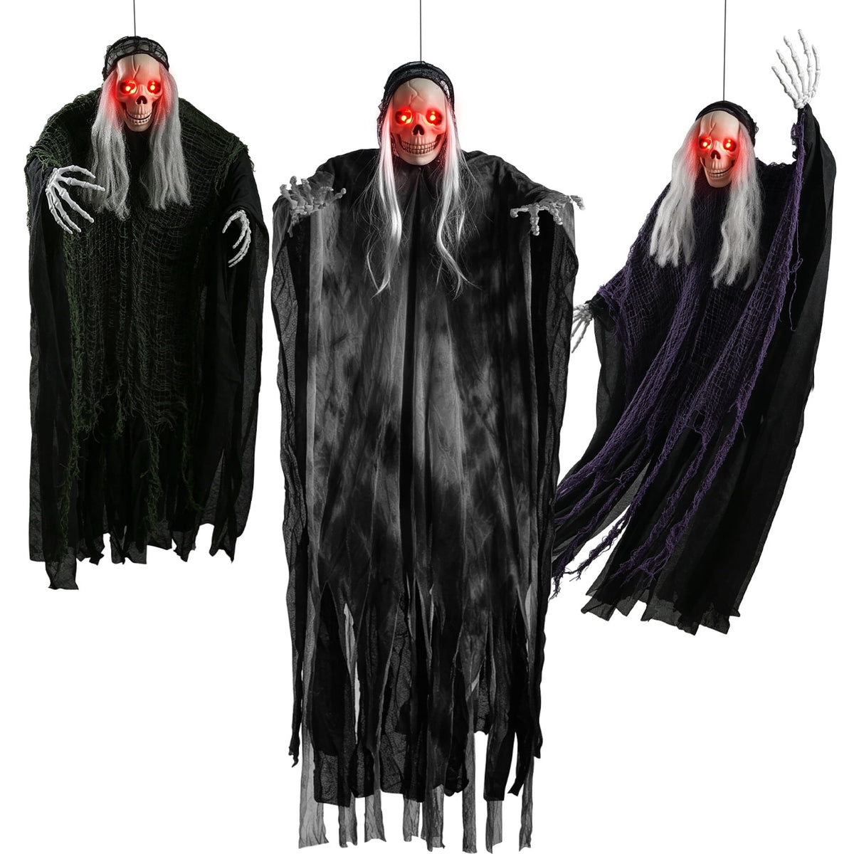 Ayieyill 3 Pack Hanging Skeleton Ghosts for Halloween Decorations Outdoor, Grim Reaper for Halloween Decor