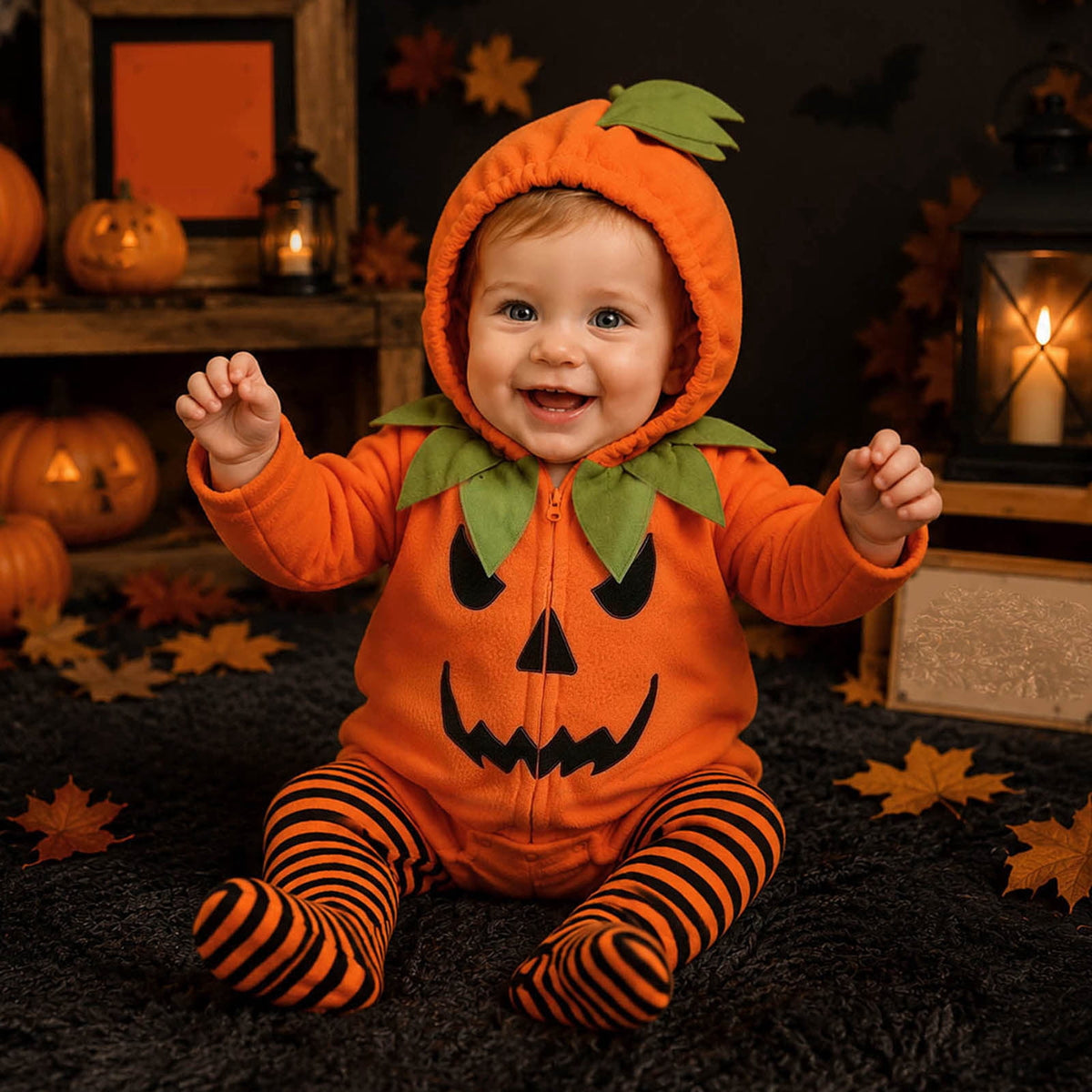 Newborn Infant Cute Jack-O-Lantern Costume Halloween Bodysuit and Striped Leggings Set Fall Holiday Fancy Dress Up Outfit for Boys Girls Party Festival