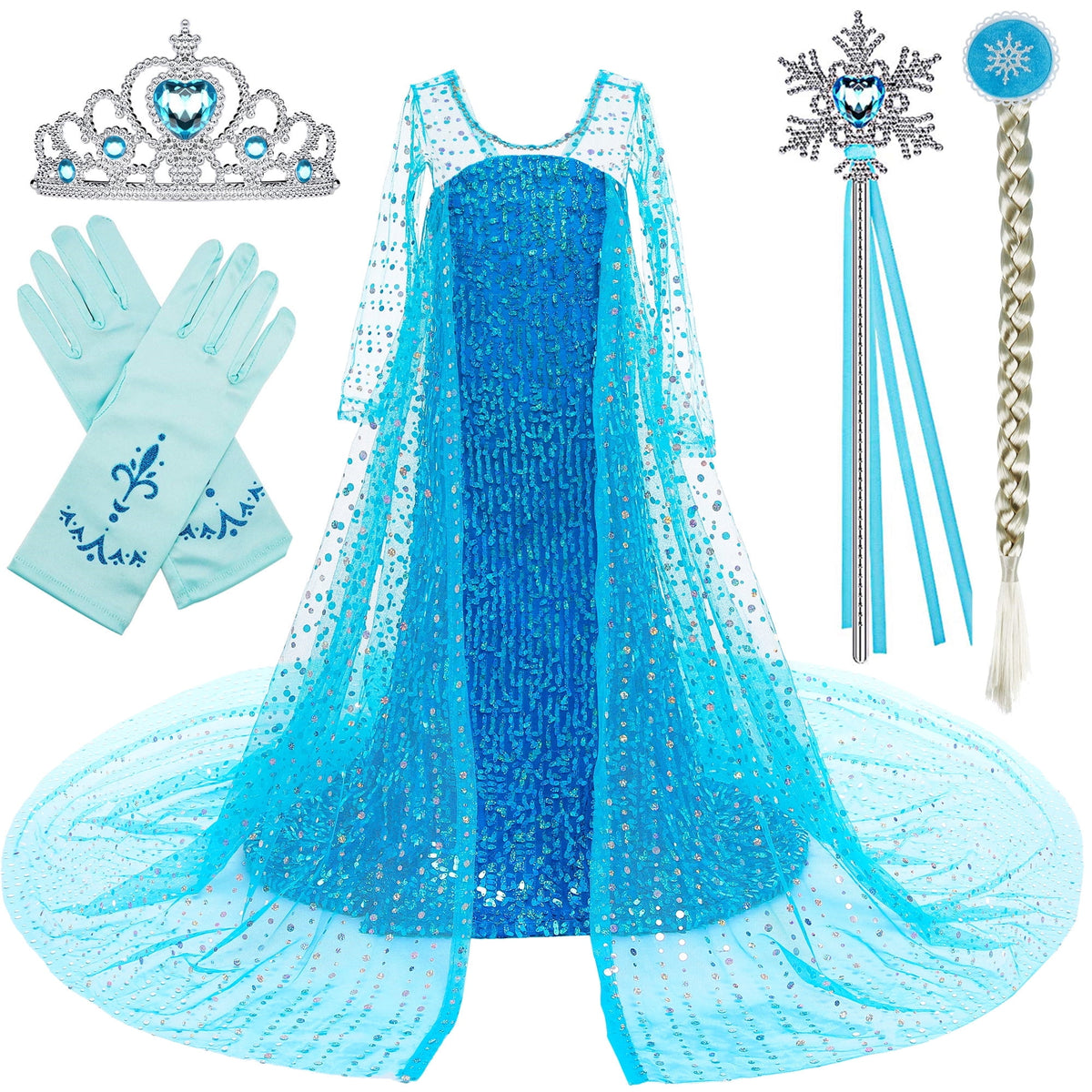 BanKids Princess Costume Long Cape Birthday Party Dress Up for Girls with Wig,Crown,Wand,Gloves 5-6 Years(E08)