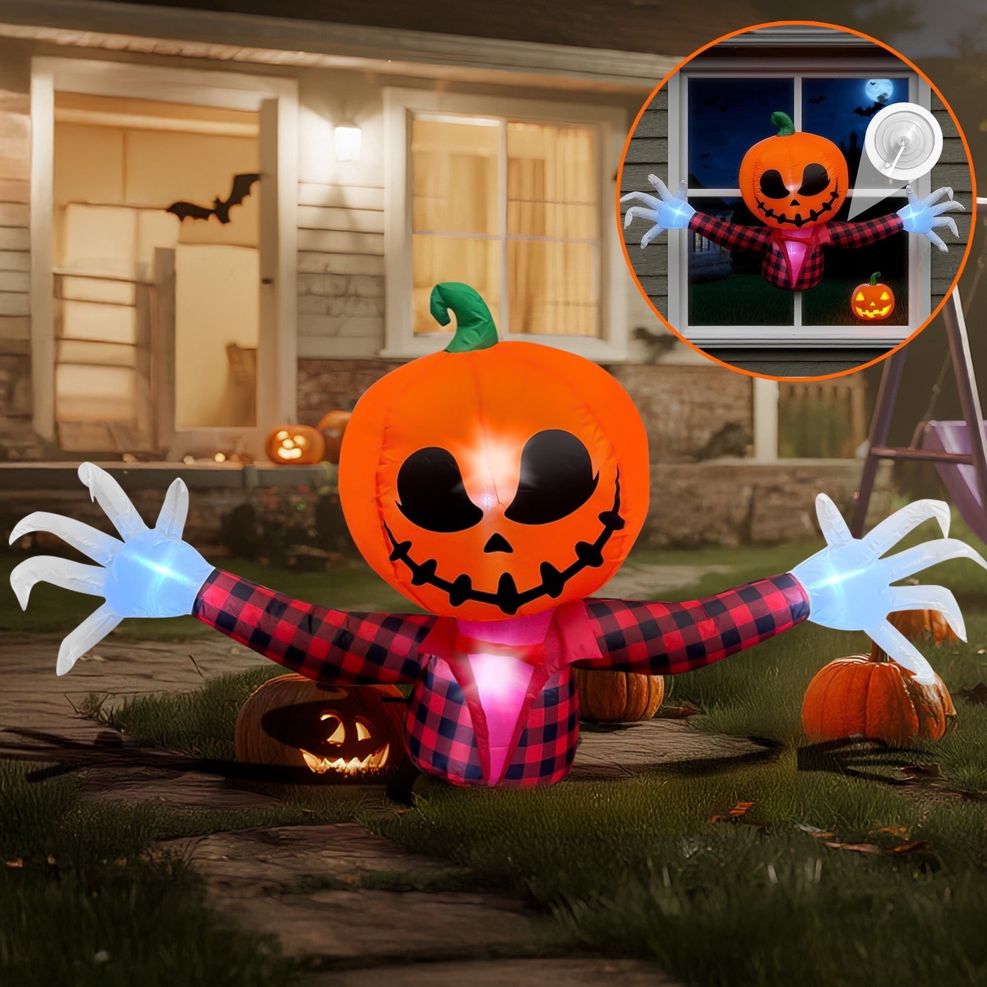 BeePrincess 5 FT Halloween Inflatable Pumpkin Ghost – Outdoor LED Blow-Up Decoration with Giant Arms, Light-Up Eyes, Waterproof Yard Decor for Lawn and Garden