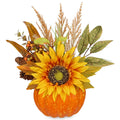 Briful 12.9"Artificial Pumpkin Floral Arrangement with Orange Sunflowers Leaves Fall Table Centerpiece for Harvest Autumn Décor
