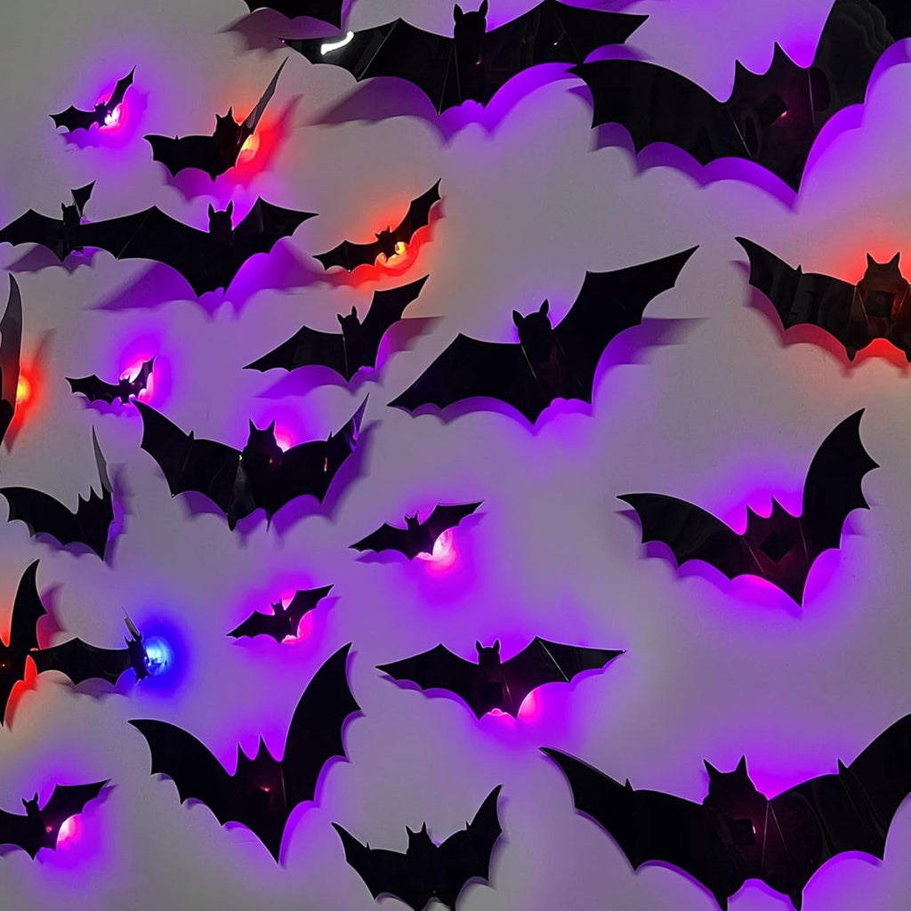 CQHVKQ 60 PCS Halloween Bats Decorations, Realistic 3D LED Bats Wall Stickers Decor, Assorted Size Removable Lighted PVC Bats DIY Wall Sticker for Halloween Party, Bedroom, Home, Indoor and Outdoor