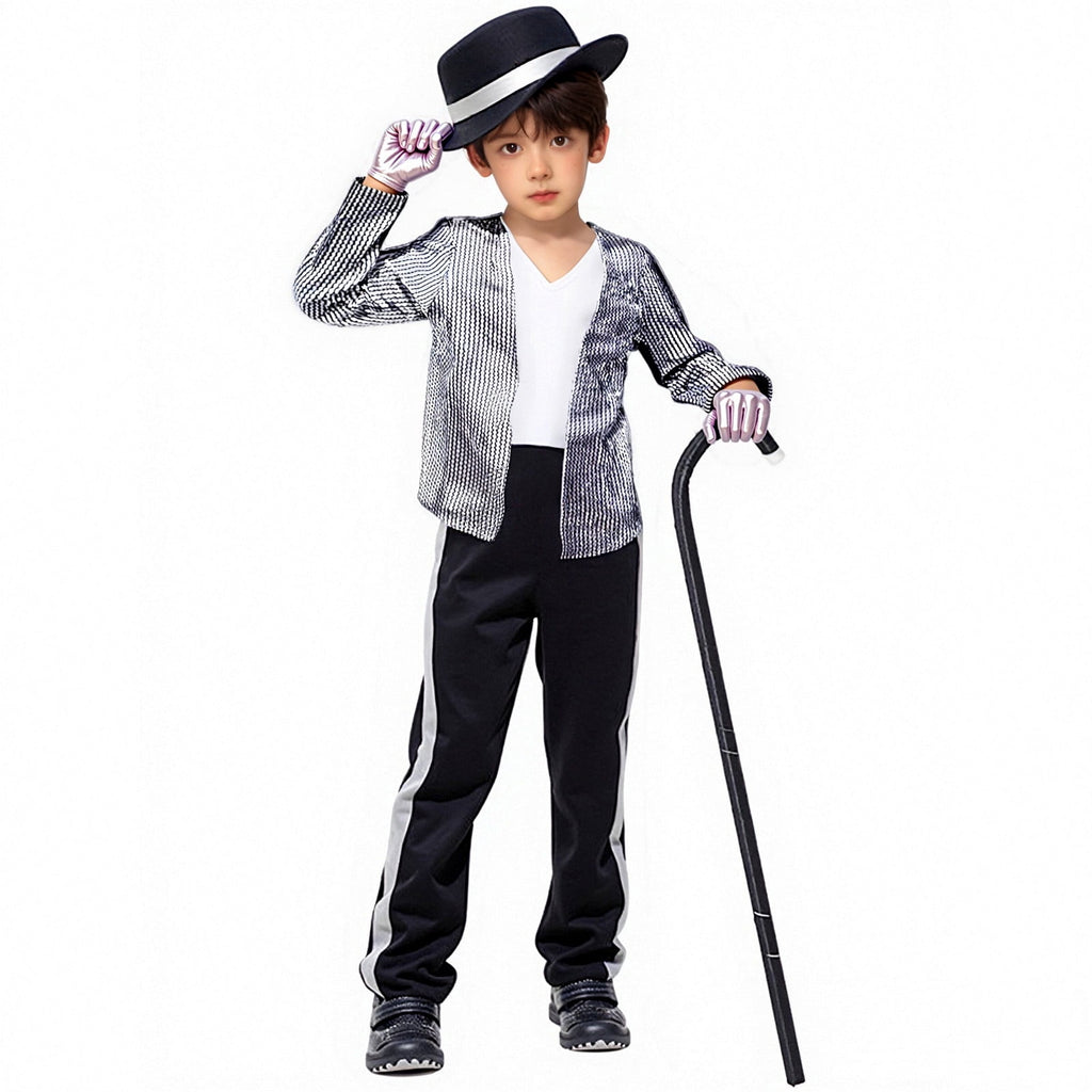 CUZIBR Boys Halloween Outfits Sequin Jacket Stripe Pants Hat Gloves Stage Performance For Shows Cosplay Events Party Clothes Sets,Silver,XXL/10-12 Years