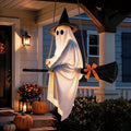 Clearance 5 FT Hanging Ghost Decor,Early Halloween Decorations Light-Up Flying Ghost on Broomstick with Witch Hat, Witch Broom, Spooky Cute Outdoor Halloween Decorations for Front Porch Yard Tree