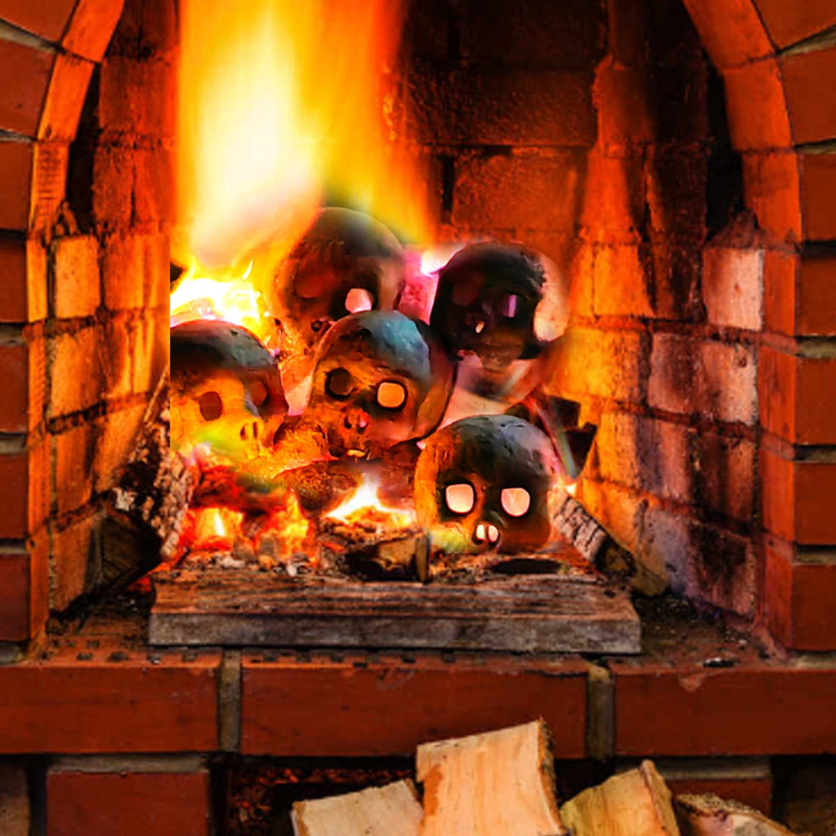 Halloween Decorations Indoor Outdoor Fake Human Skull Gas Log Fireplaces Decor 4PCS Terrifying Skull Fire Pit Reusable Skeleton Flame Fireproof Resin,Halloween Skull Shaped Fire Stones