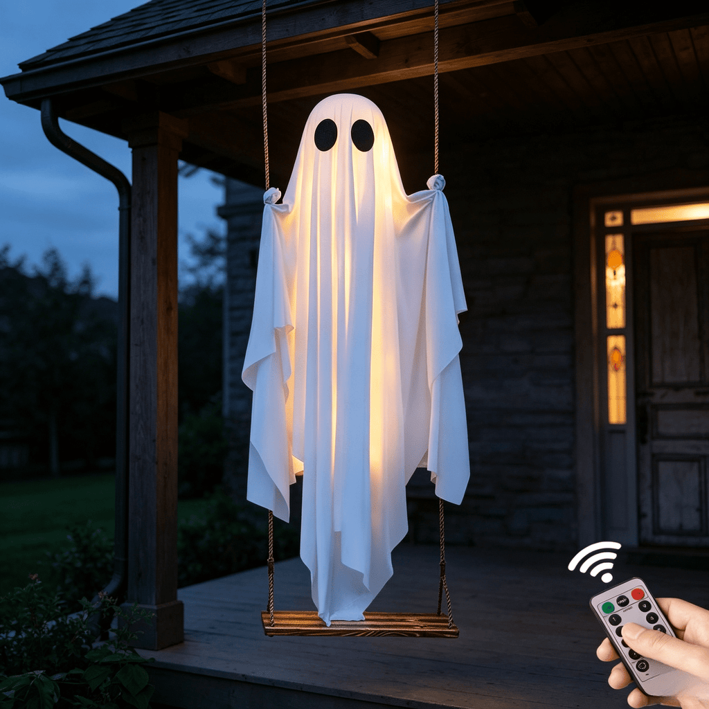 Halloween Light-Up Ghost Decorations Outdoor - 6.5 FT - 8 Sounds Gaint Hanging Swing Ghost Halloween Decoration, Spooky Cute Ghosts Decorations for Front Porch Yard Tree