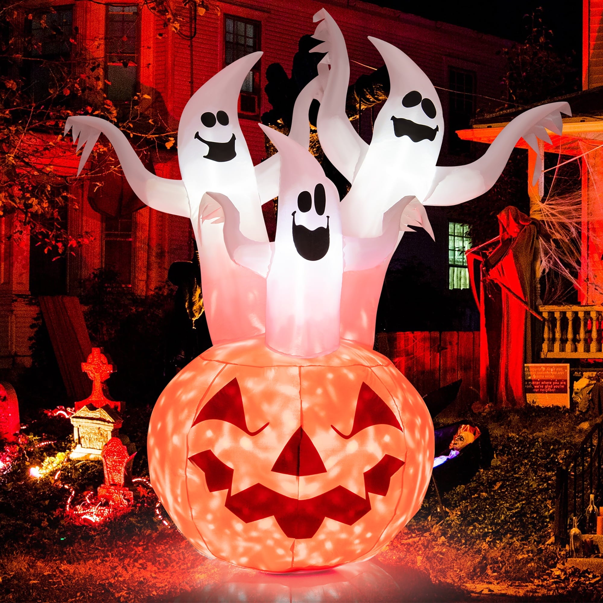Costway 6 FT Inflatable Halloween Tree White Ghosts with Pumpkin Decor w/ Rotating Lamp