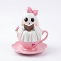 Cute Reading Ghost in Teacup Figurine, Resin Ghost Statue with Pink Bow Heart Floral Cup, Table Centrepiece Tiered Tray Desk Shelf Decor, Small Halloween Decorations, 4.5 Inch