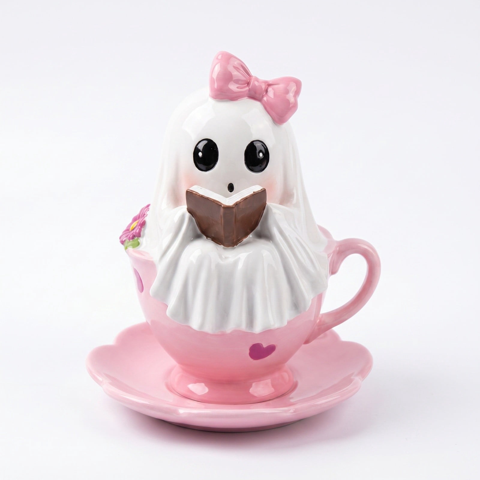 Cute Reading Ghost in Teacup Figurine, Resin Ghost Statue with Pink Bow Heart Floral Cup, Table Centrepiece Tiered Tray Desk Shelf Decor, Small Halloween Decorations, 4.5 Inch