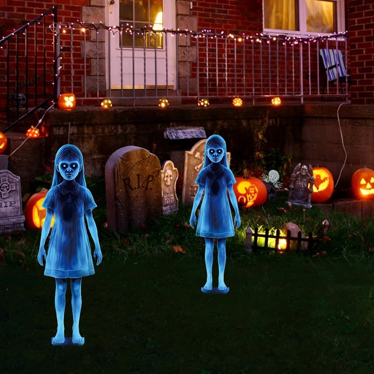 DAMAI Girl Ghost Courtyard Decoration for Halloween,16 Inch Horror Twin Girls Halloween Decoration,Horror Garden Girls Zombie Lawn Sign for Patio Haunted House Party Supplies Graves Cemetery Decor